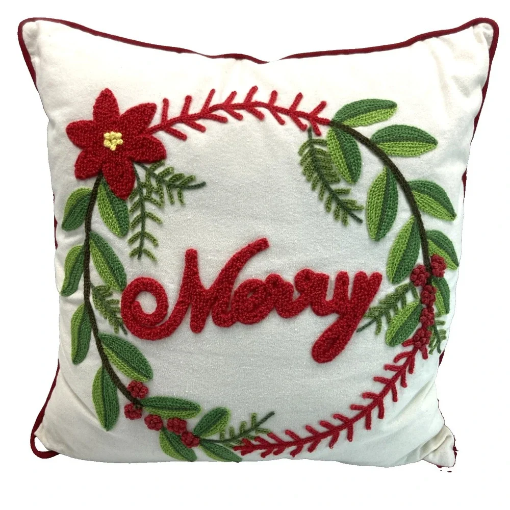 Merry Embroidered Holly Poinsettia Wreath Decorative Christmas Throw Pillow, 16